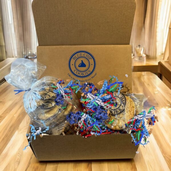 Assorted cookies in branded Blue Chip Cookies box