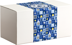 White box with decorative blue patterned ribbon