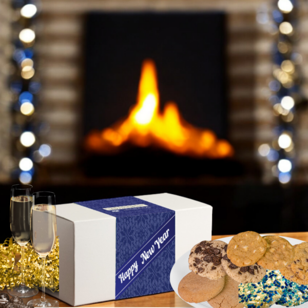 New Year celebration, fireplace, champagne, cookies